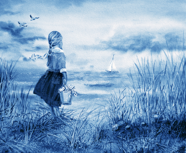 Girl And The Ocean Beach Painting In Ultramarine Blue 