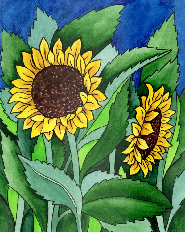 Garden Of Sunflowers Watercolor Painting Batik Style 