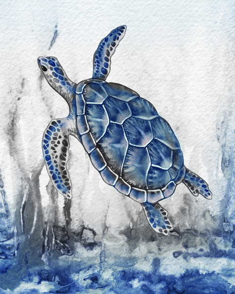 Watercolor Giant Turtle In Abstract Seaweed And Water IX Print