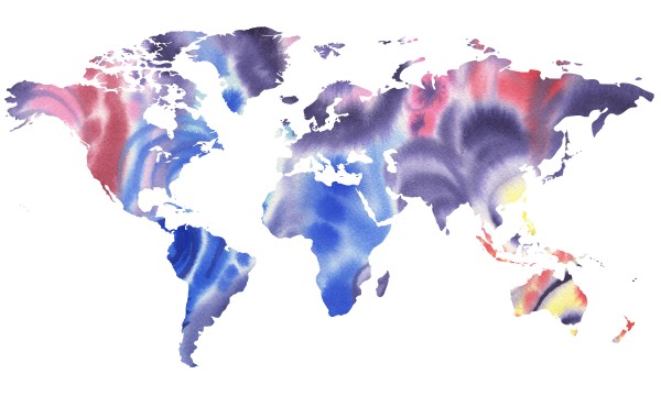 Watercolor Silhouette World Map Purple Blue Print