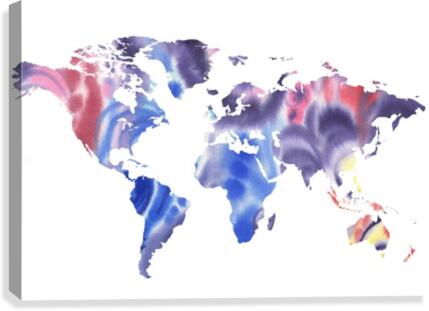 Watercolor Silhouette World Map Purple Blue Canvas Print