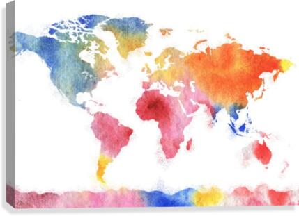 Watercolor Silhouette World Map Rainbow Sea Canvas Print