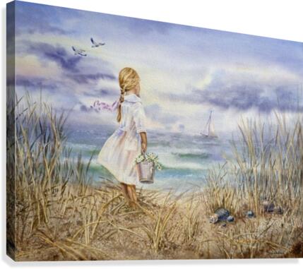 Girl Standing At The Ocean Watching Sailboat and Birds  Impression sur toile