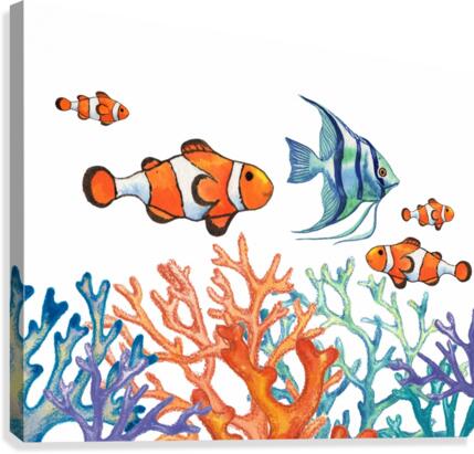 Angel Fish and Clown Fish In Coral Reef Watercolor   Canvas Print