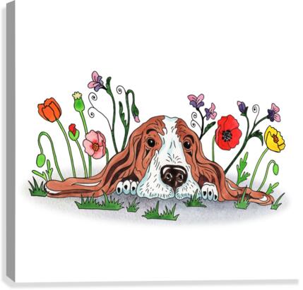 Super Sweet Cute Basset Poppy With Poppies Watercolor  Canvas Print
