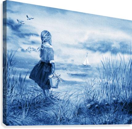 Girl And The Ocean Beach Painting In Ultramarine Blue   Canvas Print