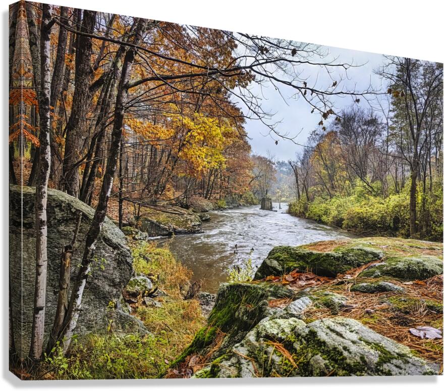 Echoes of Autumn on the Paper Mill Trail - Maine River Wall Art Canvas Print