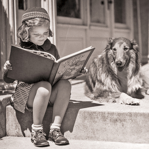 1930s YOUNG GIRL READING BIG BOOK SIT NEXT TO DOG 231345