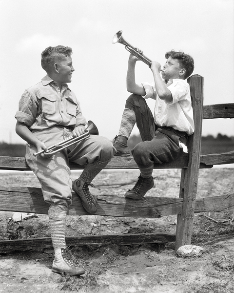 1930s 2 BOYS SIT ON SPLIT FENCE PRACT. BUGLE HORNS 232613 Print