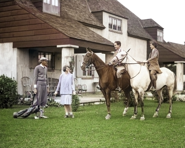 1920s-30s TWO COUPLES ONE ON HORSES THE OTHER WEARING GOLF CLOTHES AT THE BERKSHIRE HOUND AND COUNTRY CLUB BERKSHIRES MA USA 245286 Print