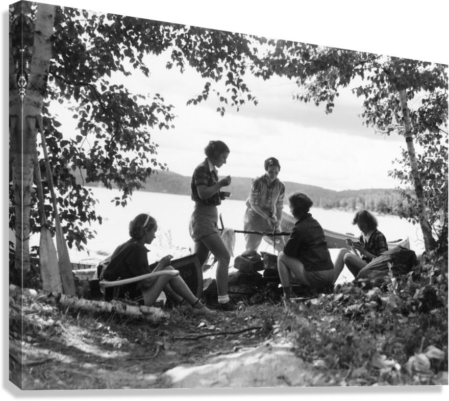 1930s 5 GIRLS AROUND CAMP FIRE ALGONQUIN PARK CA 177711 Canvas Print