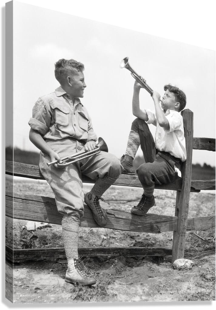 1930s 2 BOYS SIT ON SPLIT FENCE PRACT. BUGLE HORNS 232613 Canvas Print