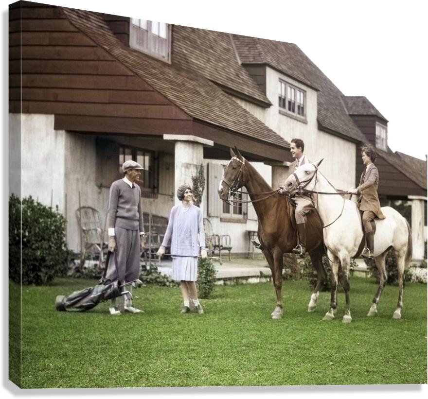1920s-30s TWO COUPLES ONE ON HORSES THE OTHER WEARING GOLF CLOTHES AT THE BERKSHIRE HOUND AND COUNTRY CLUB BERKSHIRES MA USA 245286 Canvas Print
