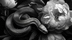 Black snake and white flowers