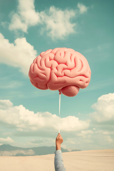 A child holding a balloon shaped like a human brain by iRT