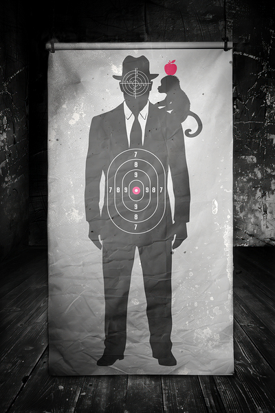 Black and white target featuring silhouettes of a man and a monkey by iRT