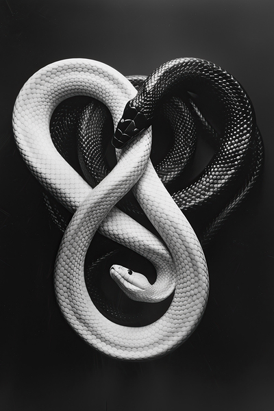 White and black snakes on black background by iRT