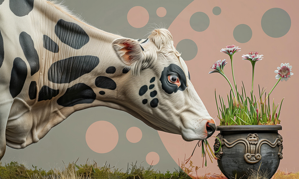 Spotted cow grazing grass from a pot. by iRT