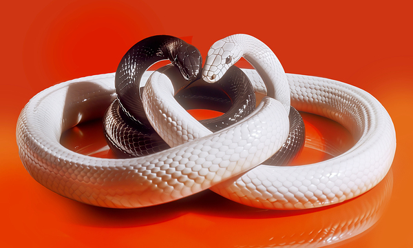 White and black snakes on red background by iRT
