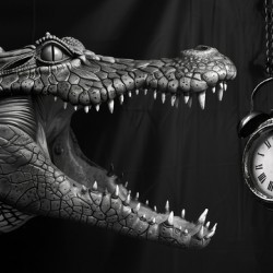 Crocodile trying to devour an alarm clock