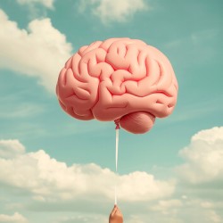 A child holding a balloon shaped like a human brain