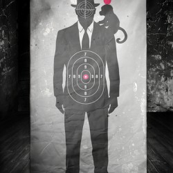 Black and white target featuring silhouettes of a man and a monkey