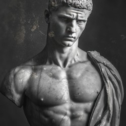 Roman-style marble bust of a muscular athlete
