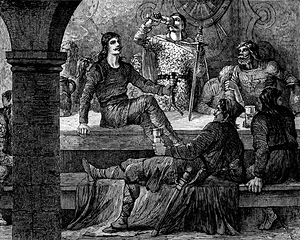 Vintage Engraving of Drunken Vikings