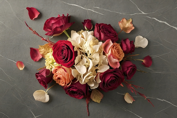 Autumn creative composition roses hydrangea flowe by Marius Tomus