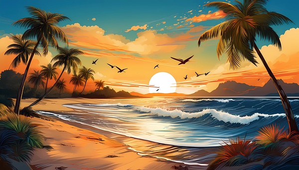  Tropical Bliss: Sunset Over Palm Paradise - Serene Wall Art by Medobeh30