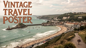 a vintage travel poster showcasing a scenic coast