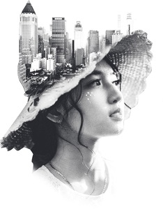 Double Exposure of a Beautiful Japanese and a City Hat