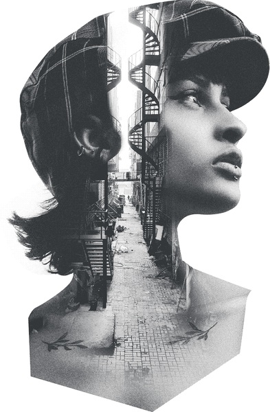 Double Exposure of Stairs and a Young Woman Print