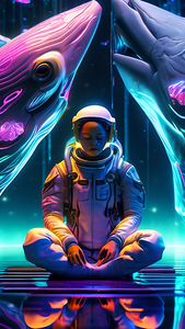 Cosmic Meditation. Astronaut Neon Whales in the C