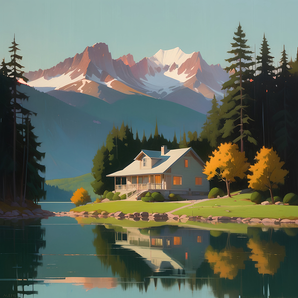 openart a painting of a lake with a house  Print