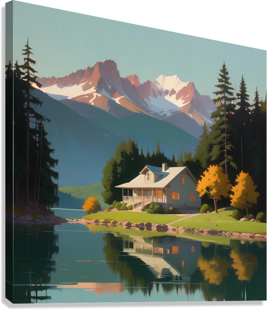 openart a painting of a lake with a house  Canvas Print