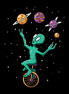 Planet Juggling Alien Riding A Unicycle