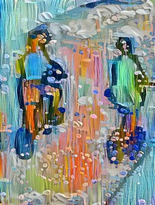 figures cycled through a vibrant abstract landscape