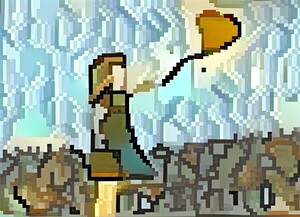 Pixelated Figure with Balloon