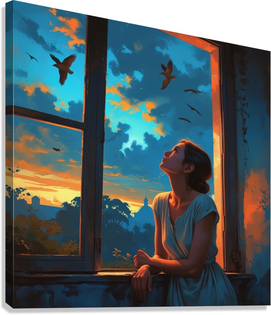 A woman in a simple dress leans on a window sill of an old house Canvas Print