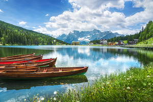 Boats on the Lake Misurina in Dolomites mountains