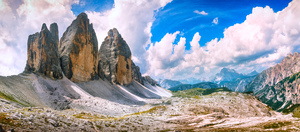 Tre Cime di Lavaredo panoramic view. Dolomites