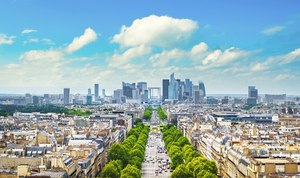 La Defense skyline and Grande Armee avenue. Paris France