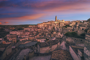 Evening in Sassi of Matera Unesco world heritage site. Basilicata Italy.