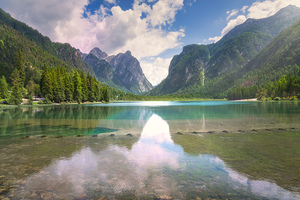 Landscape of Lake Dobbiaco in the Dolomites. Italy