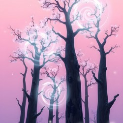 The shimmering trunks of giant sakura trees