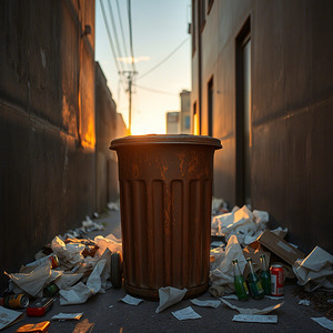 A Trash Bin Surrounded by Litter at Sunset
