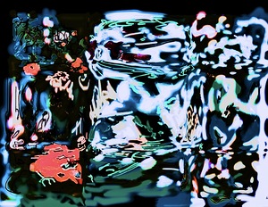 This artwork presents a distorted and abstract interpretation of what appears to be three jars. The visual elements are heavily manipulated emphasizing a fluid almost liquid like texture that bends and warps the conventional shapes of the jars. The colors
