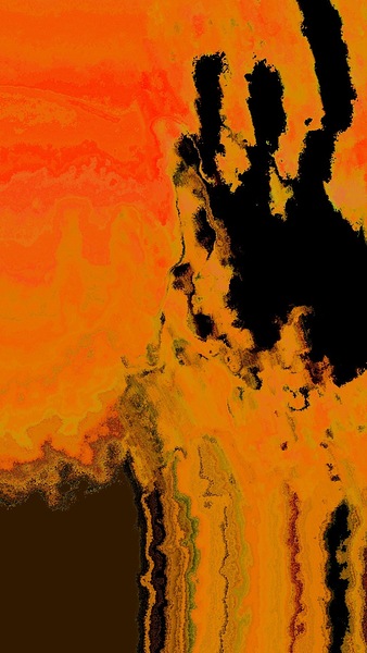 This artwork exudes a striking intensity with its vivid use of fiery orange and deep black tones creating a highly dramatic and somewhat unsettling visual impact. The contrast between the bright almost molten orange background and the solid jagged black f by ArtsyMa