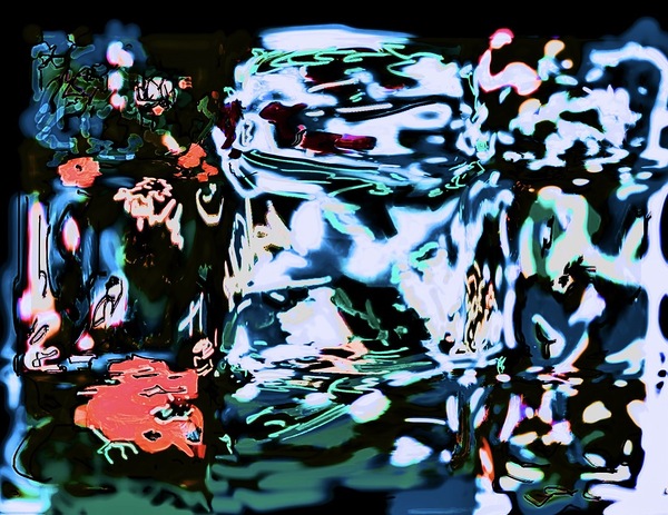 This artwork presents a distorted and abstract interpretation of what appears to be three jars. The visual elements are heavily manipulated emphasizing a fluid almost liquid like texture that bends and warps the conventional shapes of the jars. The colors by ArtsyMa